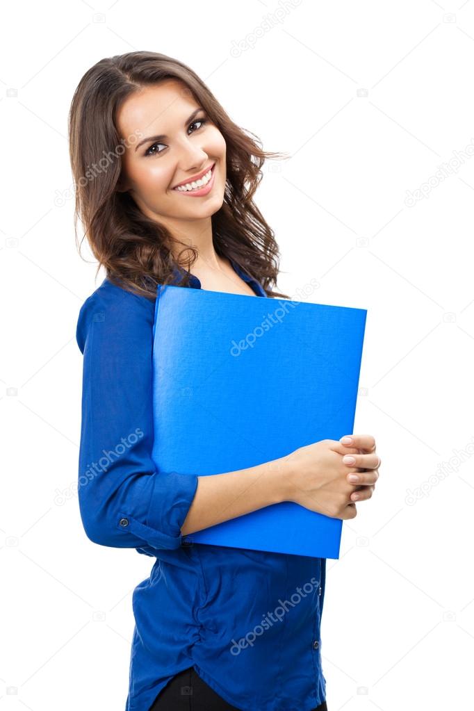 Businesswoman with folder, on white