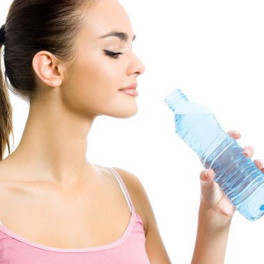 genç kadın içme suyu, beyaz bitti izole