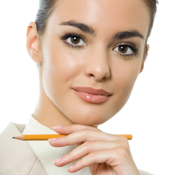 Portrait de femme d'affaires souriante au crayon, sur fond blanc — Photo