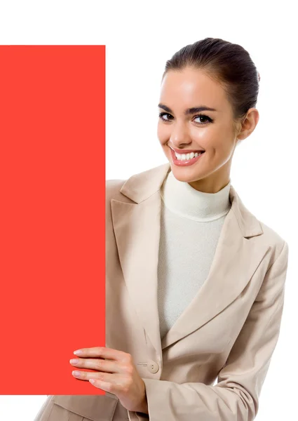 Businesswoman standing with red signboard, on white — Stock Photo, Image