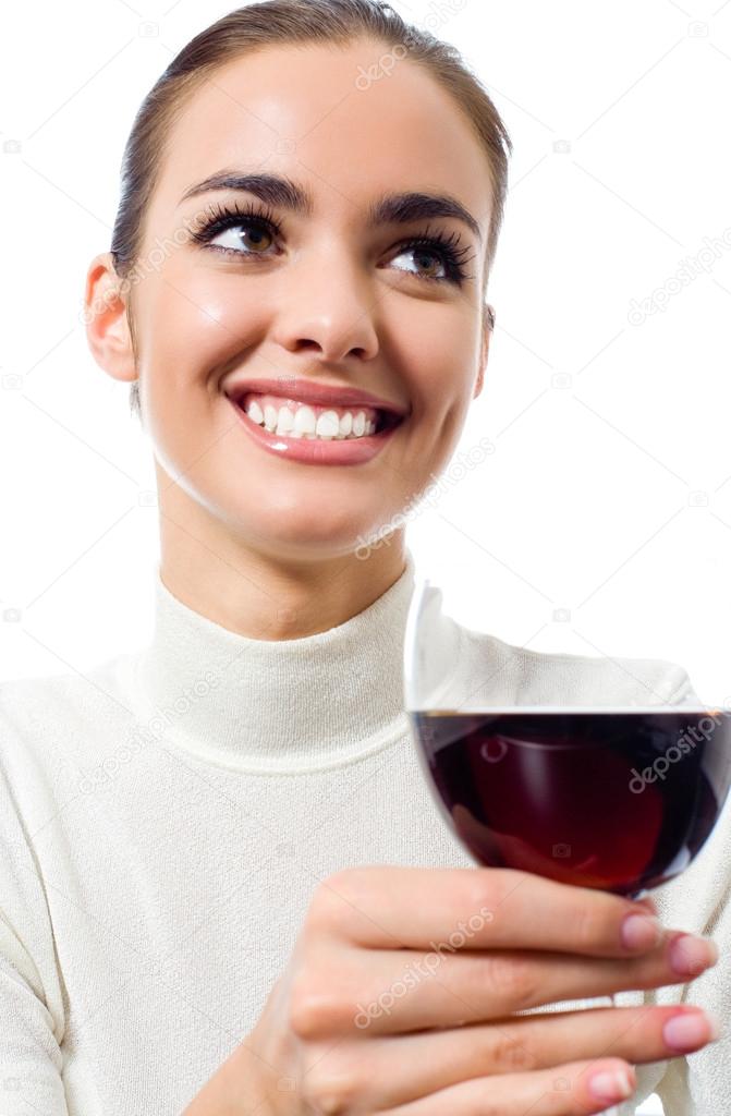 Woman with glass of red wine, isolated