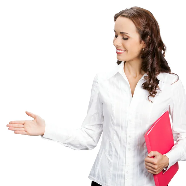 Mujer de negocios mostrando, aislado en blanco — Foto de Stock