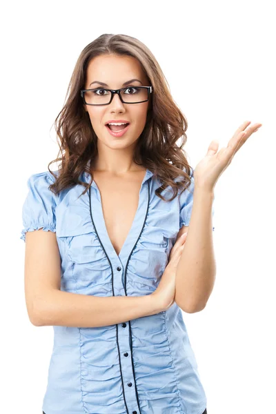 Mujer joven feliz en gafas, sobre blanco — Foto de Stock