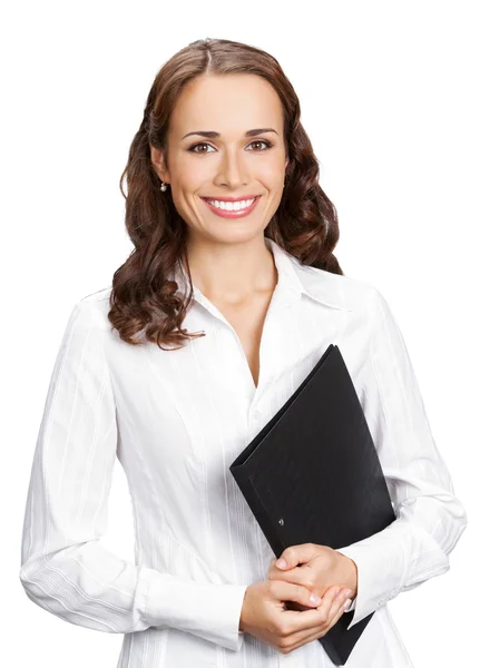 Empresária sorridente com pasta preta, em branco Fotografia De Stock