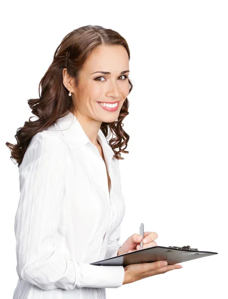 Young businesswoman with clipboard, isolated Stock Photo