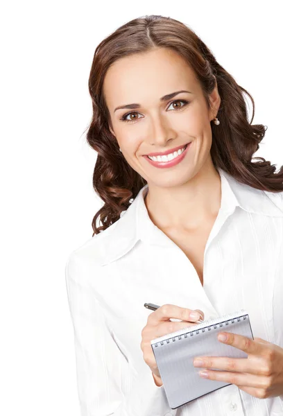 Businesswoman with notepad writing, isolated Stock Photo