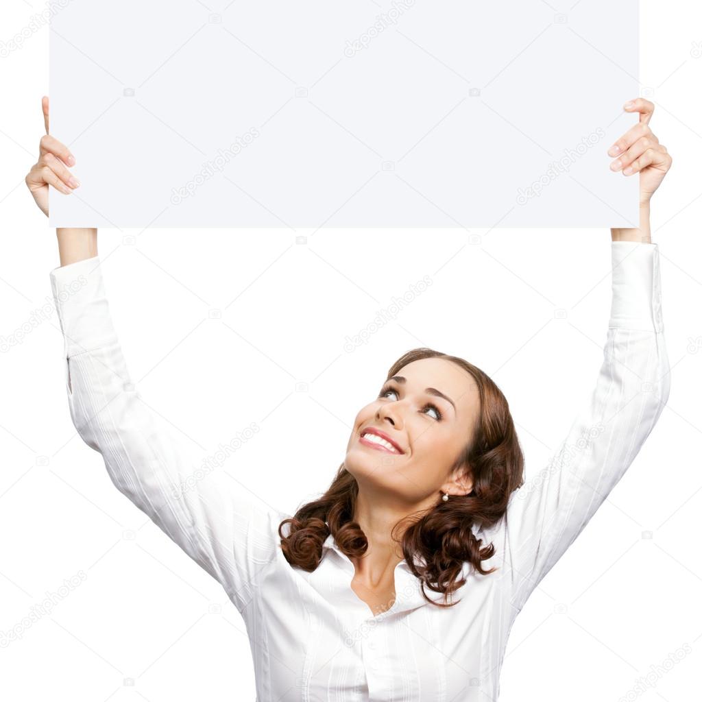 Woman showing blank signboard, isolated