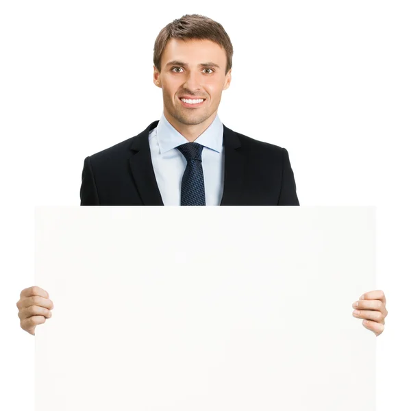 Empresário feliz mostrando tabuleta, isolado — Fotografia de Stock
