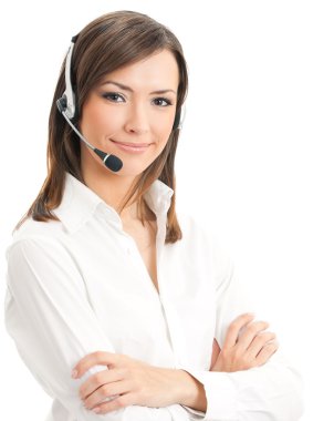 Portrait of happy smiling cheerful support phone operator in hea