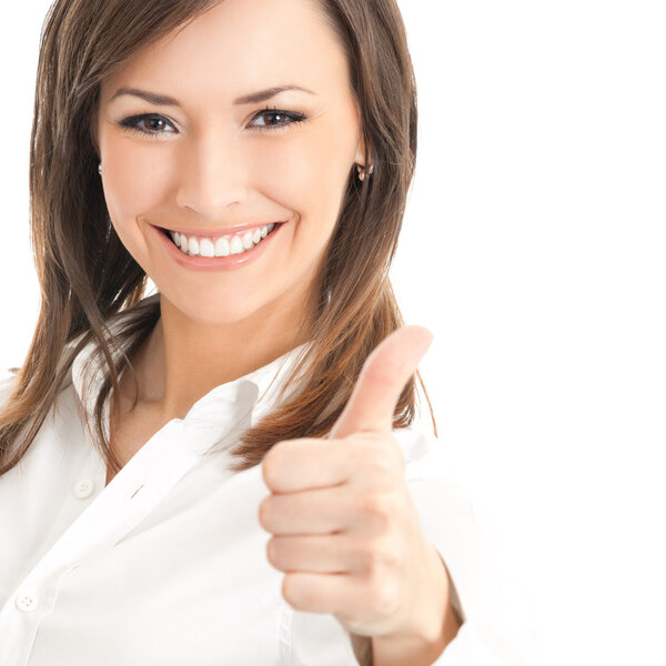 Happy smiling businesswoman with thumbs up gesture, isolated on