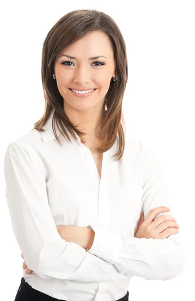 Retrato de jovem feliz sorridente empresária, isolado em branco — Fotografia de Stock