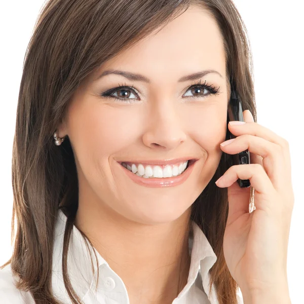 Щаслива усміхнена успішна бізнес-леді з мобільним телефоном, ізольована — стокове фото