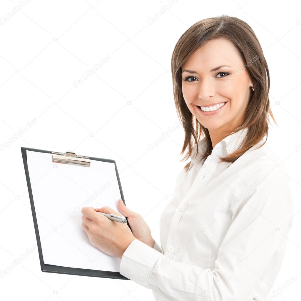 Happy smiling cheerful young businesswoman writing on clipboard,