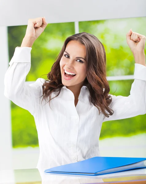 Happy gesturing smiling young businesswoman — Stock Photo, Image