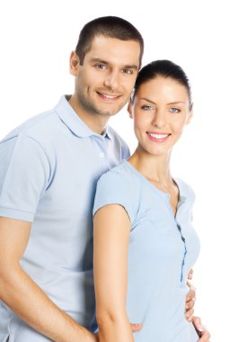 mutlu gülümseyen genç çift, beyaz