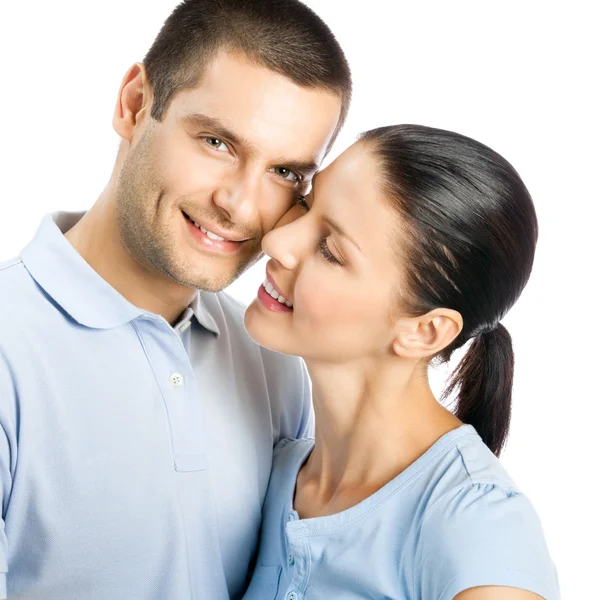 Happy smiling young couple, on white — Stock Photo, Image