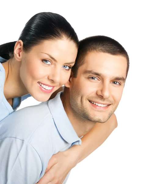 Feliz joven pareja sonriente, en blanco —  Fotos de Stock