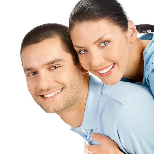 Ευτυχής χαμογελαστοί νεαρό ζευγάρι, σε λευκό — Φωτογραφία Αρχείου