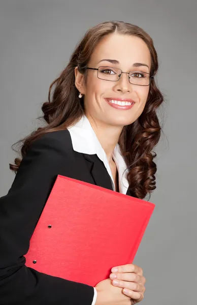 Empresaria con carpeta, en gris — Foto de Stock