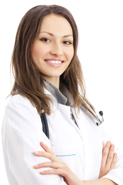 Felice sorridente medico femminile, sopra bianco — Foto Stock