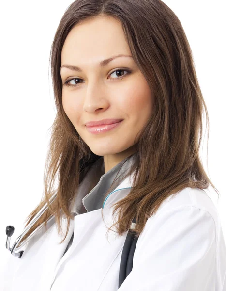 Ευτυχής χαμογελαστοί γυναίκα γιατρό, πάνω από το λευκό — Φωτογραφία Αρχείου