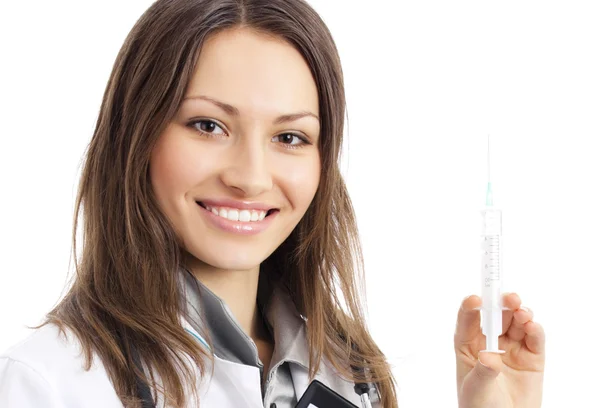 Doktor s injekční stříkačkou přes bílý — Stock fotografie