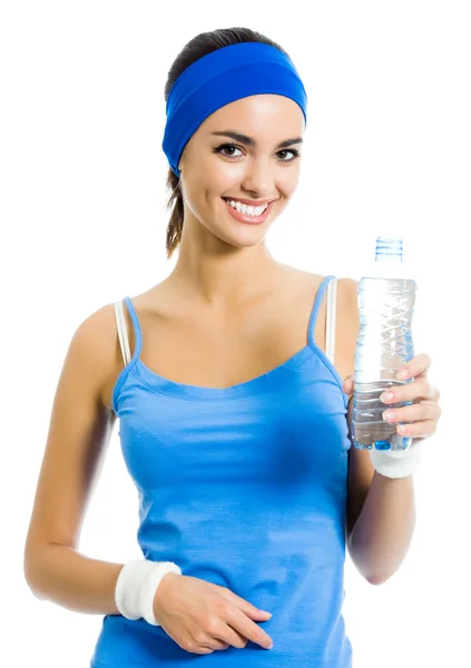 Woman in fitness wear with water, over white — Stock Photo, Image