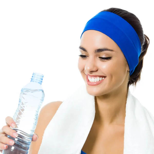 Femme en tenue de fitness avec de l'eau, sur blanc — Photo