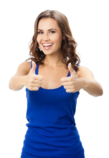 Vrouw tonen duimschroef opwaarts gebaar, geïsoleerd — Stockfoto