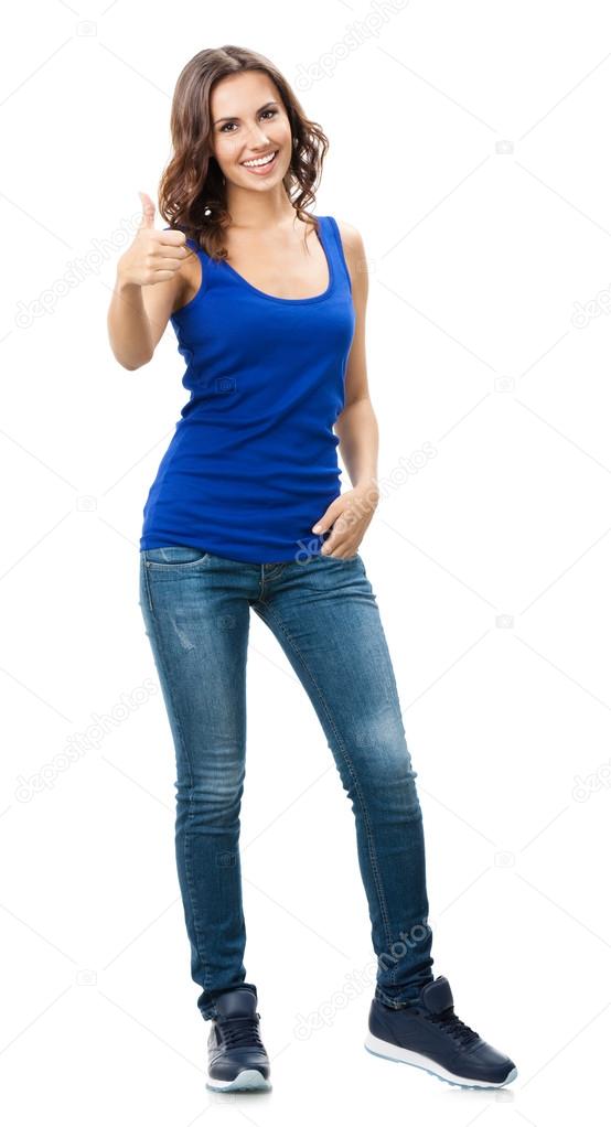Woman showing thumbs up gesture, isolated
