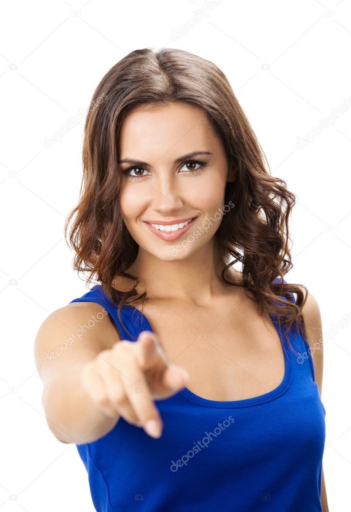 Woman pointing at something or pressing virtual button
