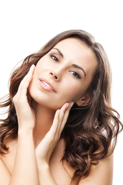 Woman touching skin or applying cream, isolated — Stock Photo, Image