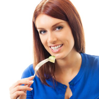 흰색 위에 샐러드를 먹는 쾌활 한 여자