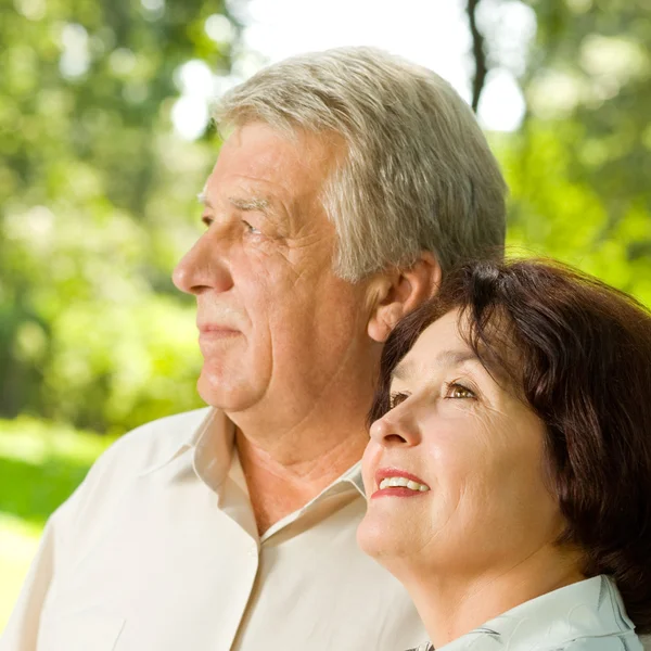 Senior lyckliga par embracing, utomhus — Stockfoto