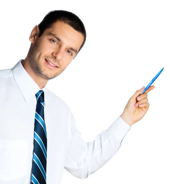 Business man showing blank area for sign or copyspace — Stock Photo, Image