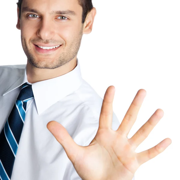 Businessman showing five fingers, isolated — Stock Photo, Image