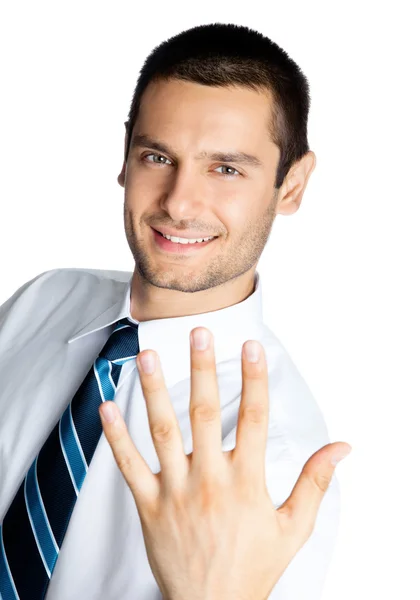 Επιχειρηματίας που δείχνουν τα πέντε δάχτυλα, απομονωμένη — Φωτογραφία Αρχείου