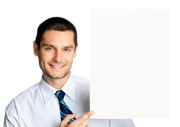 Empresário feliz mostrando tabuleta, isolado — Fotografia de Stock