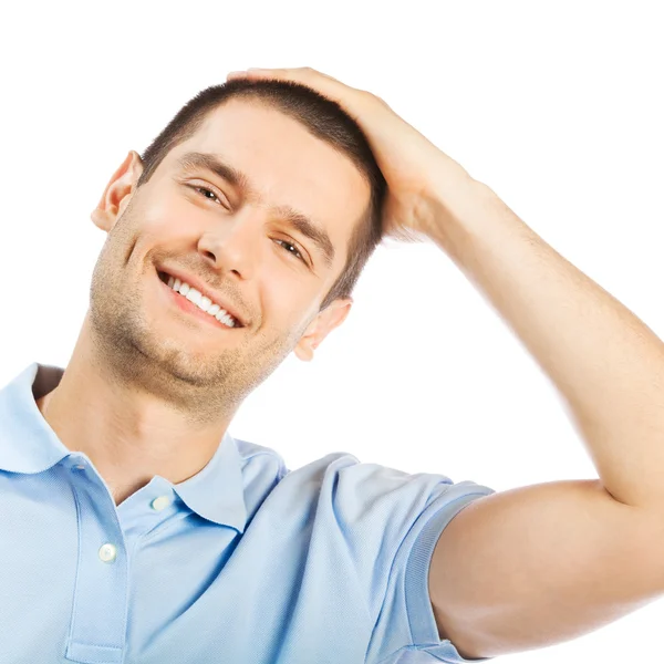 Joven alegre de pensamiento, sobre blanco — Foto de Stock