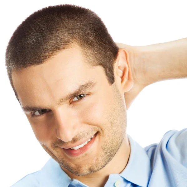 Joven alegre de pensamiento, sobre blanco — Foto de Stock