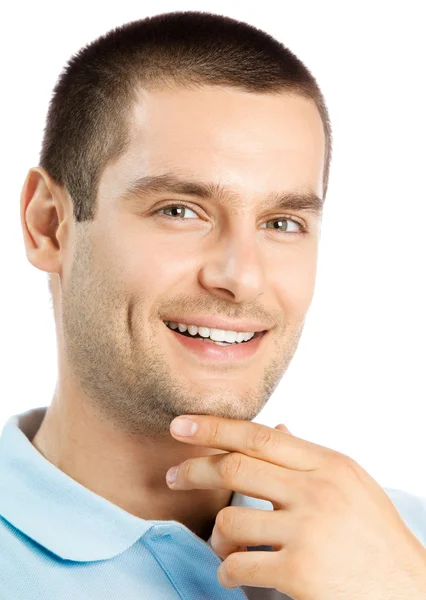 Νεαρός άνδρας χαρούμενος σκέψης, πάνω από το λευκό Εικόνα Αρχείου