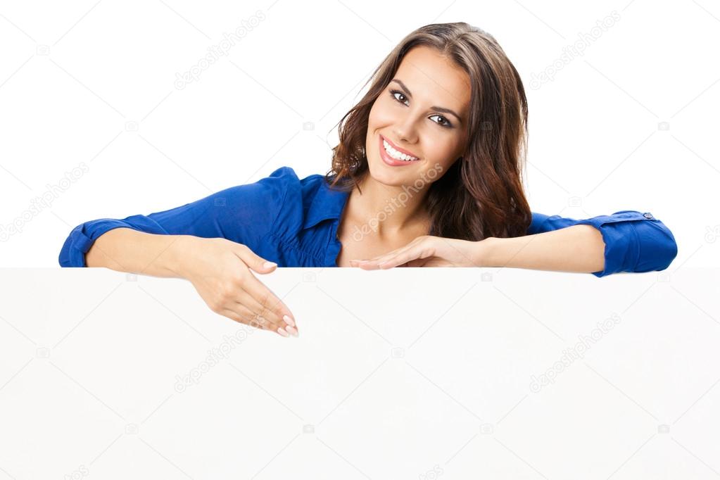 Young woman with blank signboard, on white