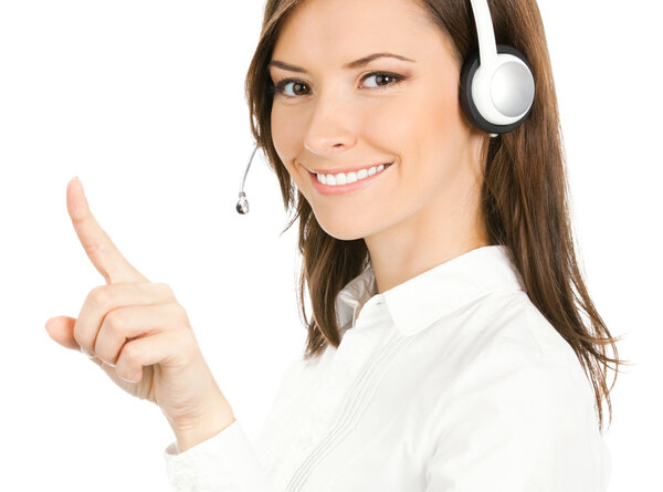 Customer support phone operator in headset pointing