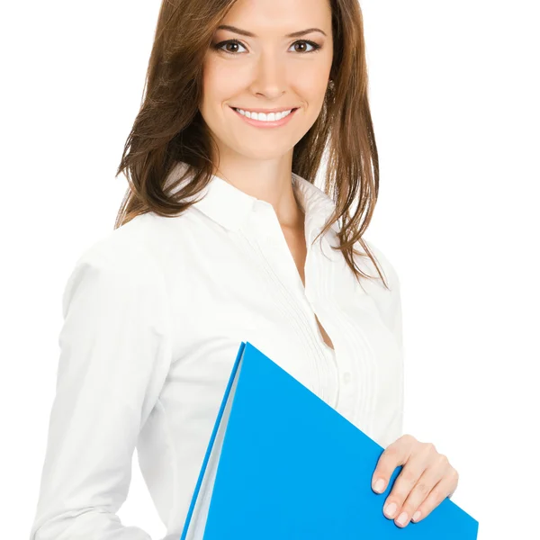 Усміхнена бізнес-леді з синьою текою, ізольована — стокове фото
