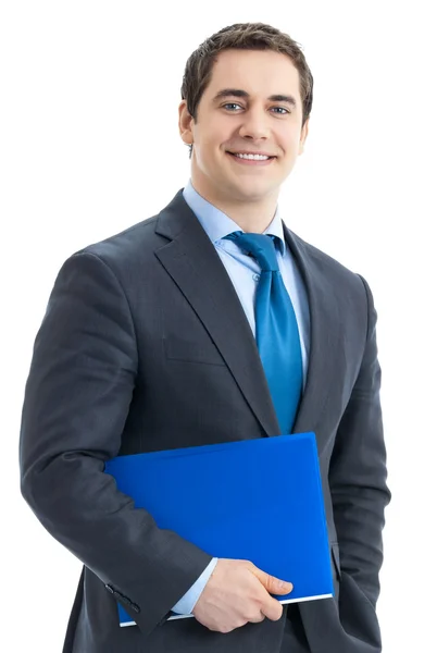 Empresário com pasta azul, isolado — Fotografia de Stock