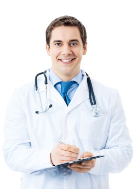 izole pano ile mutlu gülümseyen doktor portresi