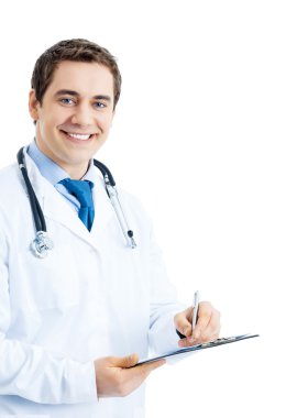 izole pano ile mutlu gülümseyen doktor portresi