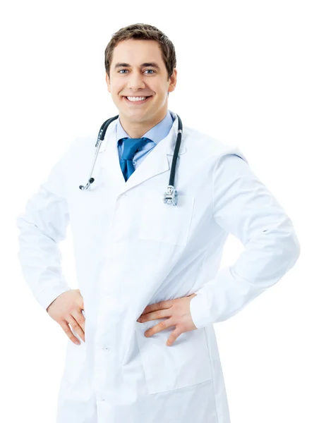 Retrato de médico sorridente feliz, isolado em fundo branco — Fotografia de Stock