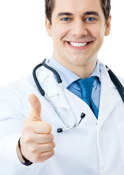 Ευτυχής χαμογελαστοί γιατρός με μπράβο χειρονομία, απομονωμένη — Φωτογραφία Αρχείου