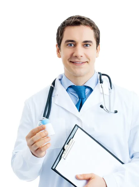 Glücklich lächelnder Arzt mit Medikament und Klemmbrett, isoliert — Stockfoto